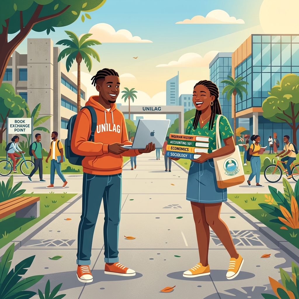 Students trading laptop and books on campus